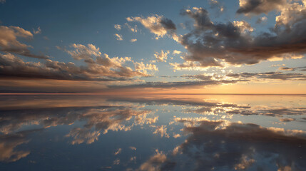 Golden sunset reflected on mirror like salt flats with dramatic clouds reflection