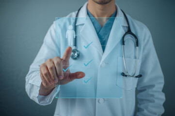 Doctor using a futuristic digital screen for efficient patient management and healthcare solutions, symbolizing advanced medical technology and data processing.