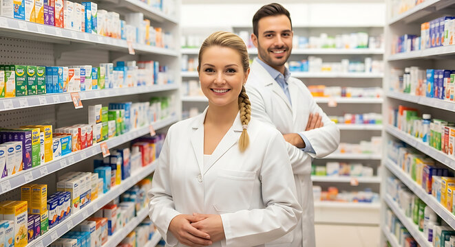 Photo of pharmacists in a pharmacy with shelves of medication