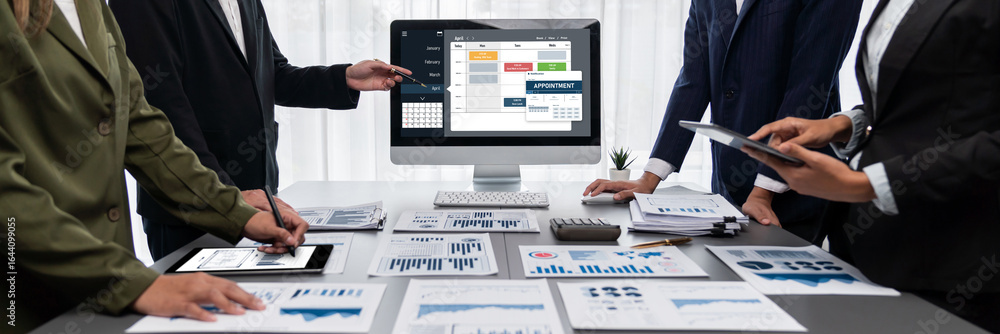 Poster panorama shot analyst team utilizing bi fintech to analyze financial report with laptop. businesspeo
