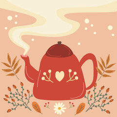 Red teapot steaming on a beige background with autumn leaves and berries. Cozy seasonal drink concept for home comfort.