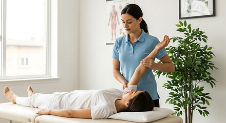 Photo of female physiotherapist examining patients arm in clinic