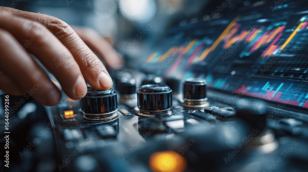 Poster focused medium shot of hands adjusting knobs on an engine tuning device with a blurred background fe