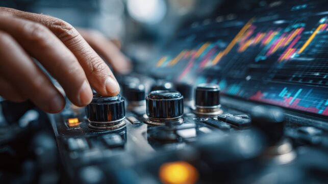 Focused medium shot of hands adjusting knobs on an engine tuning device with a blurred background featuring charts and inventory data screens symbolizing dynamic pricing control.