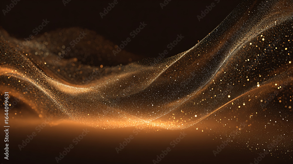 Poster flowing golden particles with shimmering light effects on a dark background abstract