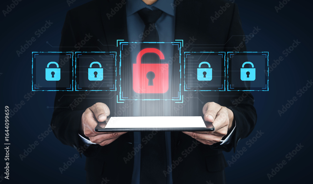 Poster digital security concept illustrating a cybersecurity breach, with a red unlocked padlock indicating