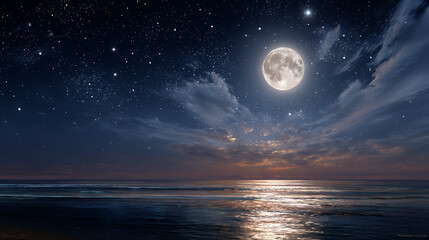 Fototapeta premium Luminescent moonlit ocean waves under a starry sky with wispy clouds night moonlight