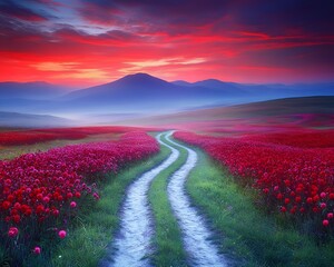 Fototapeta premium Scenic Sunset Path Through Vibrant Red Flower Field and Mountains