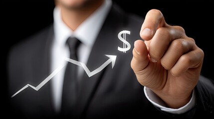 Financial growth is highlighted by a business professional pointing to a dollar sign on a rising graph in a modern office setting