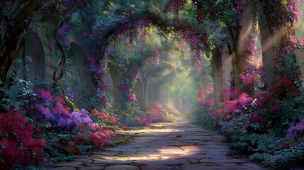 Obraz premium Enchanted forest path bathed in ethereal light with cascading floral blooms magical pathway vibrant flowers