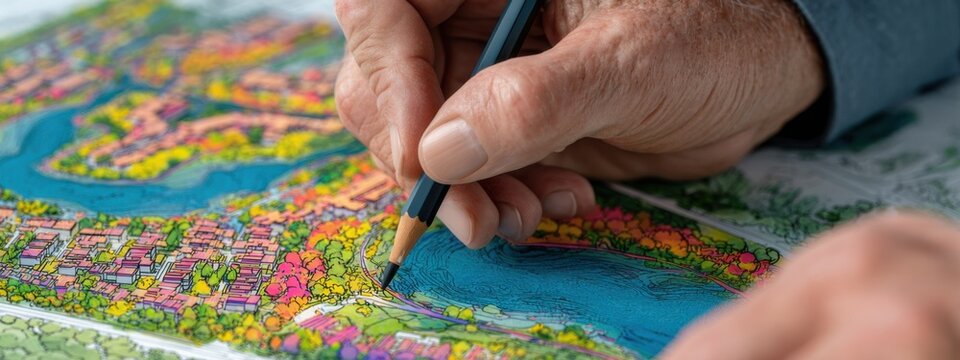 Hand drawing a landscape design plan featuring colorful gardens, water bodies, and urban areas in a creative workshop setting