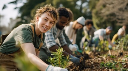 Group of young environmental activists planting trees and cleaning park, diverse volunteers wearing casual eco-friendly clothing, natural outdoor lighting, fresh green and earth tone color palette, po