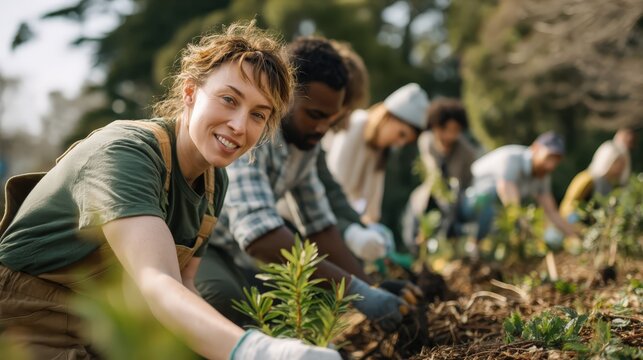 Group of young environmental activists planting trees and cleaning park, diverse volunteers wearing casual eco-friendly clothing, natural outdoor lighting, fresh green and earth tone color palette, po