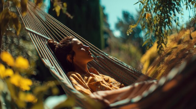 Individual peacefully napping in hammock strung between garden trees, dappled sunlight creating gentle shadows, natural outdoor lighting with soft breeze effect, shot with 35mm lens, serene outdoor co
