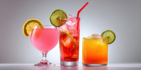 The colorful cocktails elegantly arranged with fresh fruit garnishes.