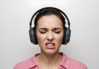 Autistic adult woman with noise cancelling headphones on light background showing discomfort from sensory overload autism ADHD hypersensitivity meltdown anxiety