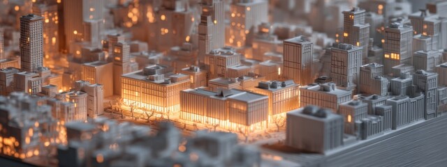 City architectural model showcasing illuminated buildings at twilight with intricate details and realistic textures
