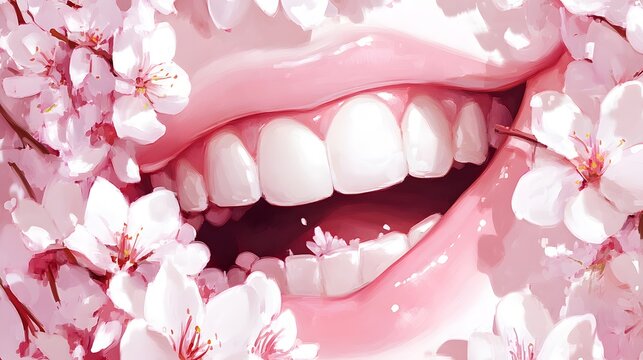 Closeup Smile Pink Lips Cherry Blossoms Spring Teeth - Powered by Adobe