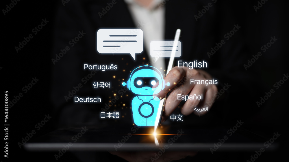 Poster global communication with multiple languages, digital translation tools, multilingual technology, cr