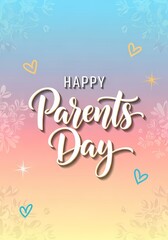 Happy parents day celebration card design with floral and heart elements on gradient background