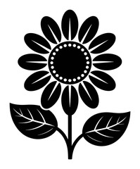 Black stylized sunflower with leaves and stem bloom petal