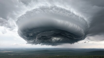 Massive shelf cloud over a forest landscape