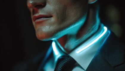 Close-up shot of a businessman dressed in a formal suit featuring a blue illuminated neckband set against a dark background creating a striking visual contrast