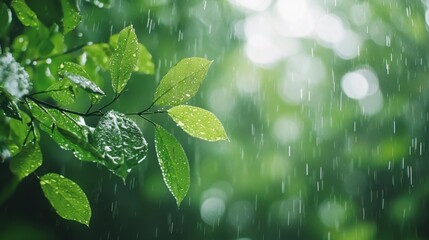Rain on emerald leaves in forest