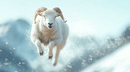 White ram charging through snowy mountains