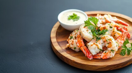 Herb garlic shrimp on wooden board