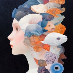 Surreal sea creature collage in profile