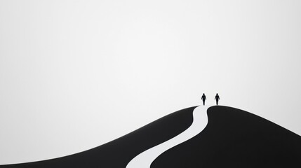 Two silhouettes on stark hill path