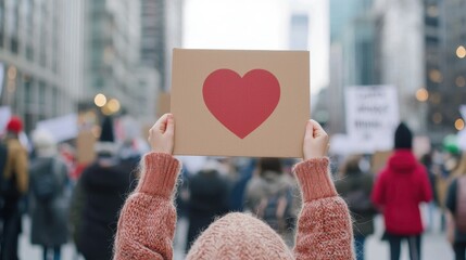 Protester holds heart sign in busy city