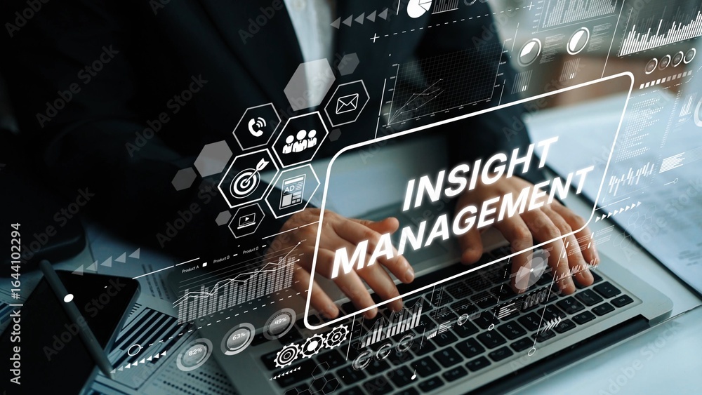Poster business analytics concept with data visualization and insight management on laptop screen in modern