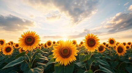 Fototapeta premium A stunning field of sunflowers basks in the glow of a vibrant sunset, with colorful skies and a sense of tranquility in this high-quality image.
