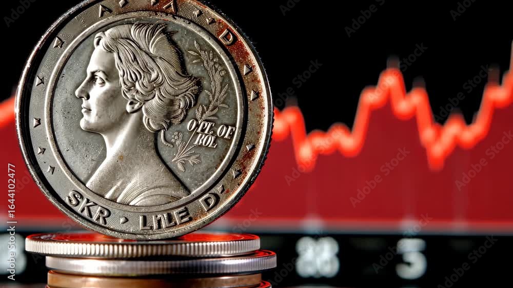 Poster close-up view of a coin alongside financial data, showcasing recent movements in currency value and 