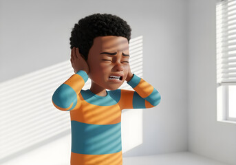 3D black autistic child boy holding ears eyes closed on light background facing sensory overload autism ADHD hypersensitivity meltdown neurodiversity awareness