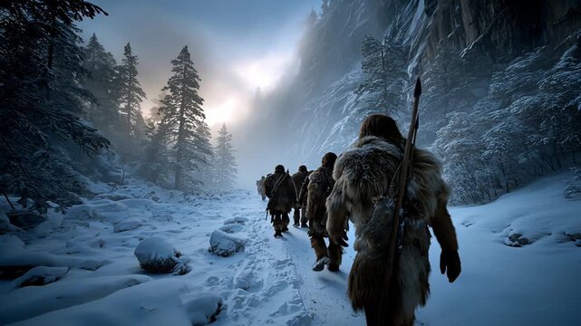 Ancient hunters embarking on their journey through a winter landscape
