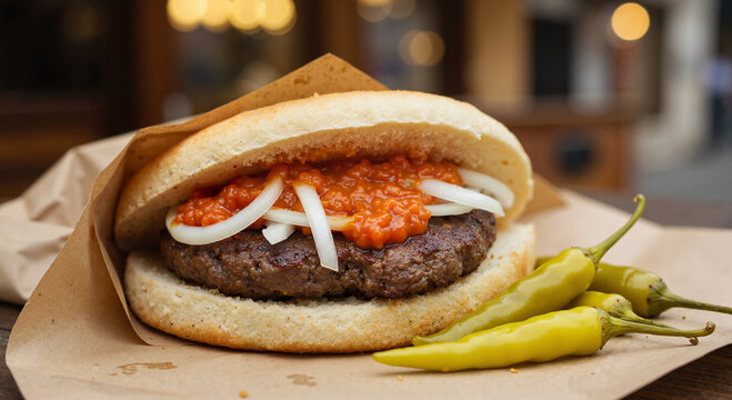 Serbian pljeskavica grilled meat patty in flatbread with ajvar and onions, served on kraft paper wrap with pickled chili, Balkan urban food scene