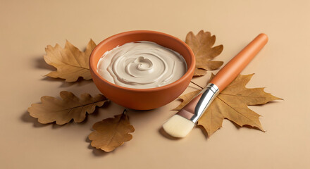 Clay mask in a bowl with a brush and autumn leaves, suggesting natural skincare