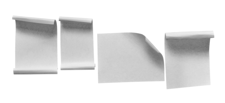 Collection sheets of note papers with curled, solated on white background, clipping path