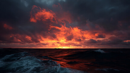 Fiery clouds illuminating ocean waves at dusk sunset dramatic