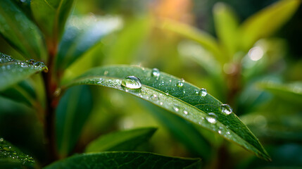 Macro view of a vibrant green leaf adorned with glistening water droplets image