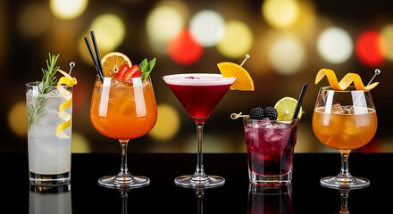 A vibrant lineup of five colorful cocktails, each uniquely garnished and ready for a celebration. A perfect image for a bar, restaurant, or event promotion.