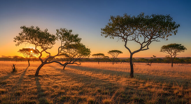 Brazilian Cerrado Sunrise Landscape with Ip&ecirc; and Pequi Trees