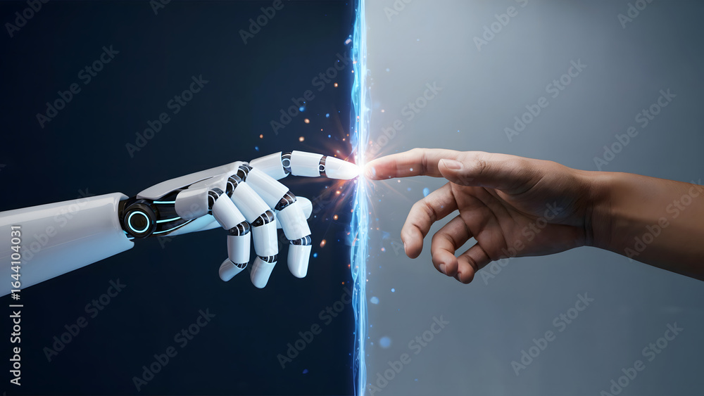 Aufkleber human and robot hands touching, symbolizing the connection between artificial intelligence and manki