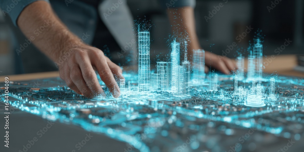 Poster creating holographic city models with technology in a modern workspace during daylight hours