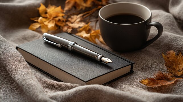 Autumn morning journaling flat lay with fountain pen, leaves, and black coffee, linen backdrop