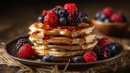 Banana pancakes stack with berries and syrup, moody fall colors