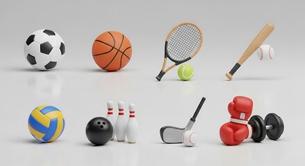 Best selling collection of various sports equipment and balls on a white background